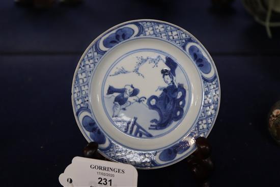 A Chinese blue and white boy and lady dish, Kangxi, with stand diameter 10cm